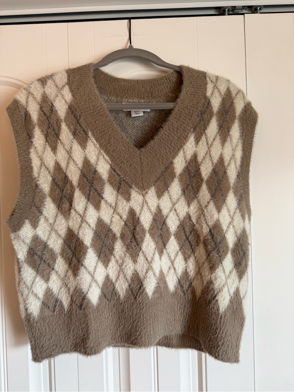 William Rast Taupe and Cream Argyle Fuzzy Knit Vest